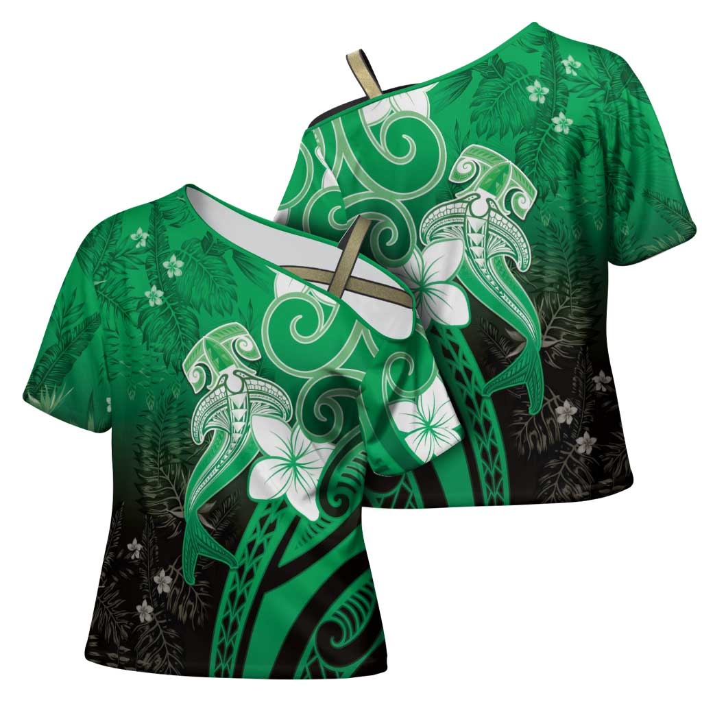 Polynesia Hammerhead Shark Cross Shoulder Shirt Green Tribal Pattern With Plumeria LT05 - Polynesian Pride