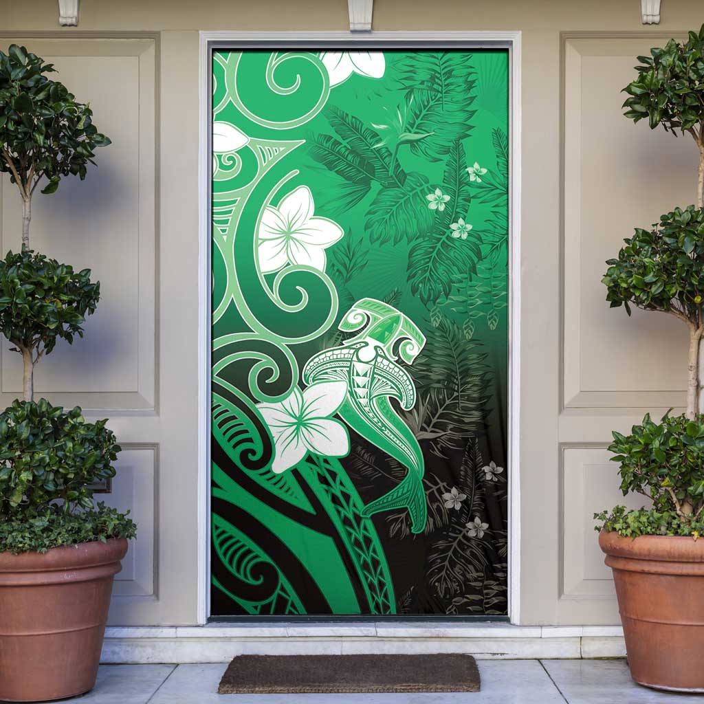 Polynesia Hammerhead Shark Door Cover Green Tribal Pattern With Plumeria - Polynesian Pride