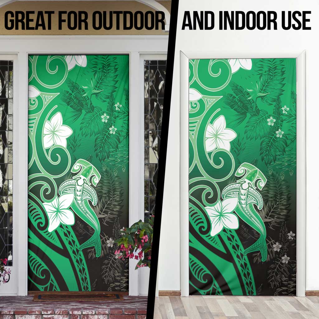 Polynesia Hammerhead Shark Door Cover Green Tribal Pattern With Plumeria - Polynesian Pride