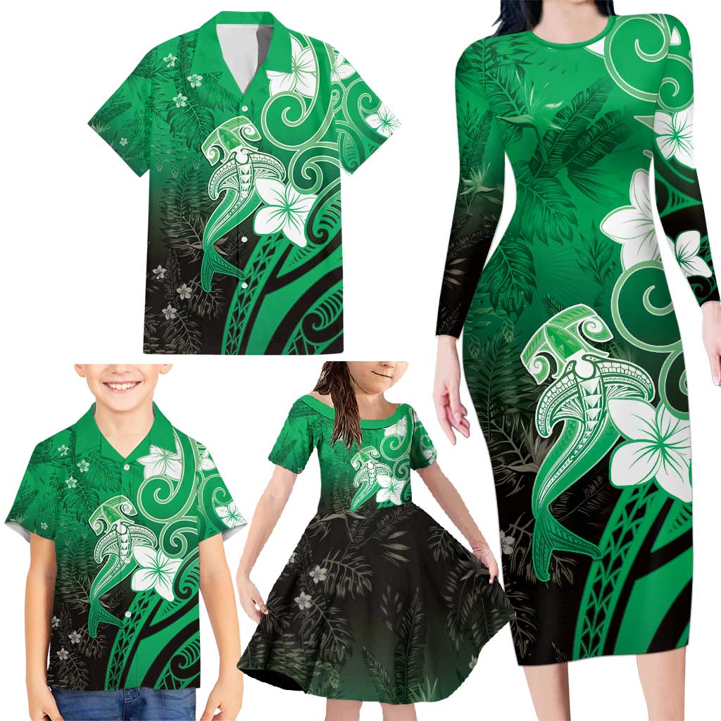 Polynesia Hammerhead Shark Family Matching Long Sleeve Bodycon Dress and Hawaiian Shirt Green Tribal Pattern With Plumeria - Polynesian Pride