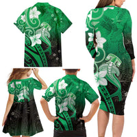Polynesia Hammerhead Shark Family Matching Long Sleeve Bodycon Dress and Hawaiian Shirt Green Tribal Pattern With Plumeria - Polynesian Pride