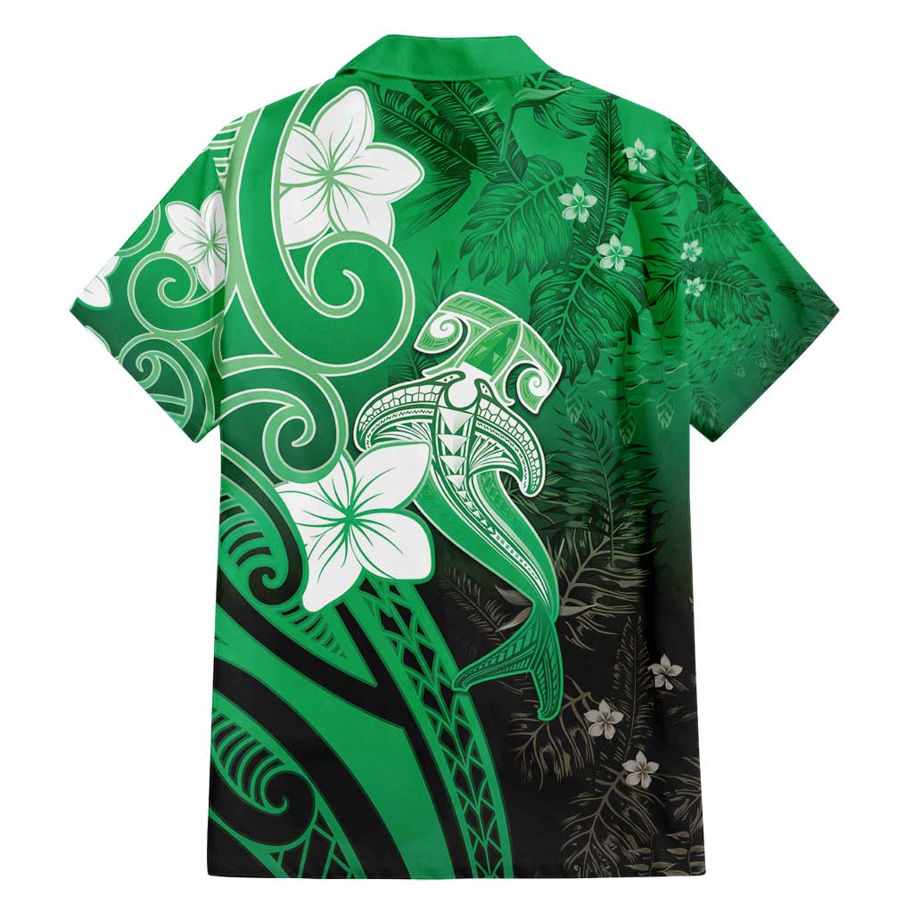 Polynesia Hammerhead Shark Family Matching Long Sleeve Bodycon Dress and Hawaiian Shirt Green Tribal Pattern With Plumeria - Polynesian Pride