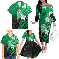 Polynesia Hammerhead Shark Family Matching Off The Shoulder Long Sleeve Dress and Hawaiian Shirt Green Tribal Pattern With Plumeria - Polynesian Pride