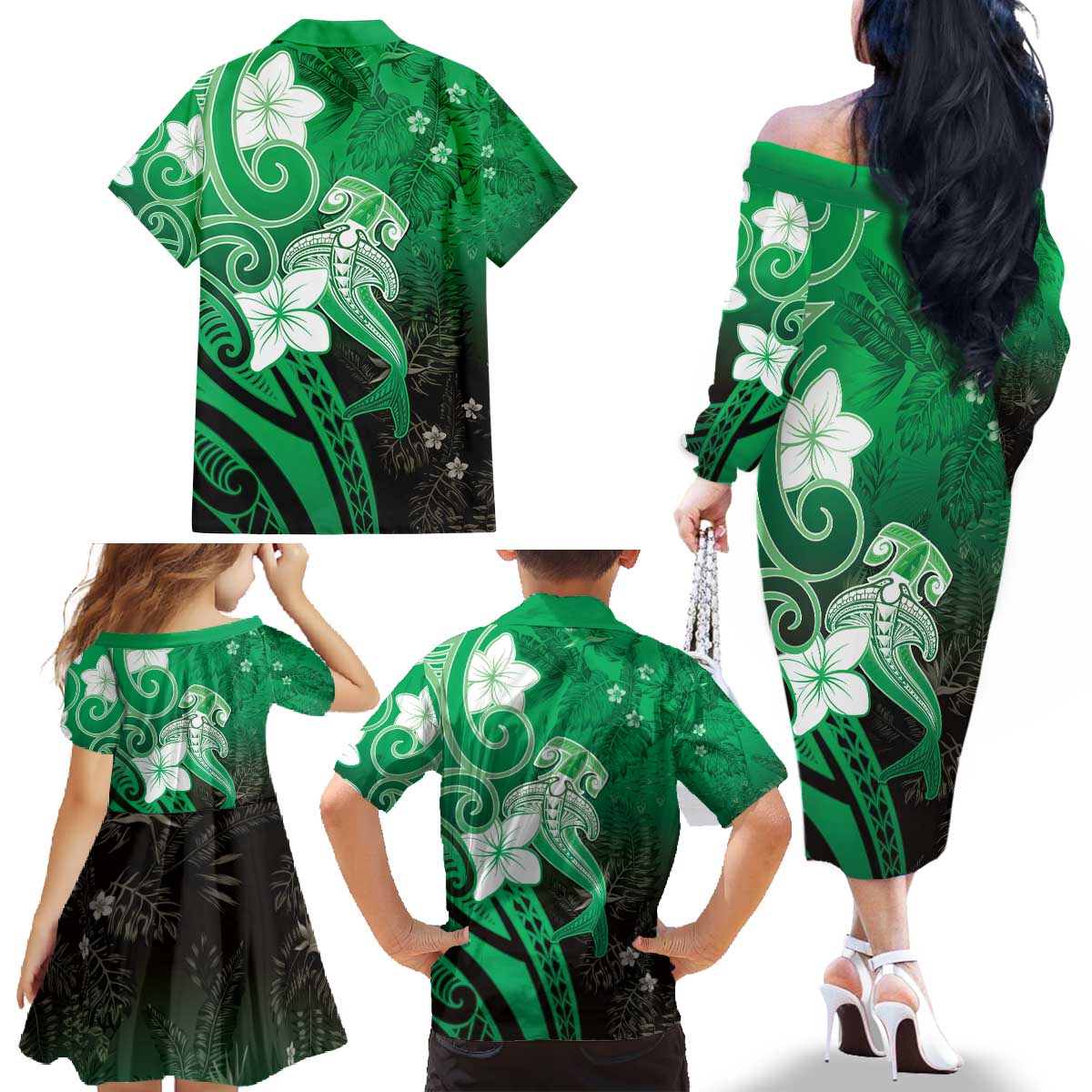Polynesia Hammerhead Shark Family Matching Off The Shoulder Long Sleeve Dress and Hawaiian Shirt Green Tribal Pattern With Plumeria - Polynesian Pride
