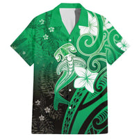 Polynesia Hammerhead Shark Family Matching Off The Shoulder Long Sleeve Dress and Hawaiian Shirt Green Tribal Pattern With Plumeria - Polynesian Pride