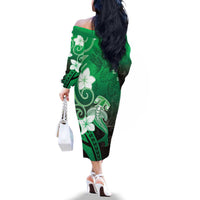 Polynesia Hammerhead Shark Family Matching Off The Shoulder Long Sleeve Dress and Hawaiian Shirt Green Tribal Pattern With Plumeria - Polynesian Pride