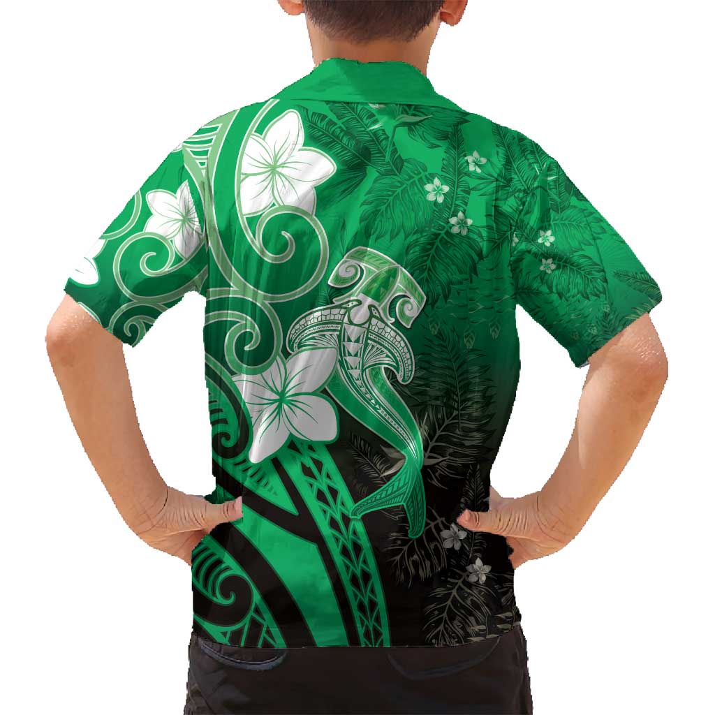 Polynesia Hammerhead Shark Family Matching Off Shoulder Maxi Dress and Hawaiian Shirt Green Tribal Pattern With Plumeria - Polynesian Pride