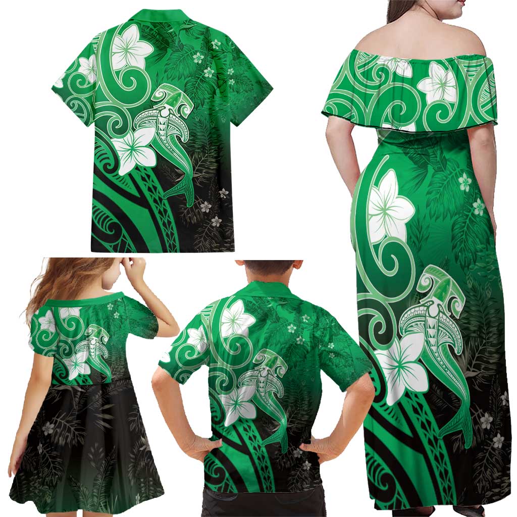 Polynesia Hammerhead Shark Family Matching Off Shoulder Maxi Dress and Hawaiian Shirt Green Tribal Pattern With Plumeria - Polynesian Pride