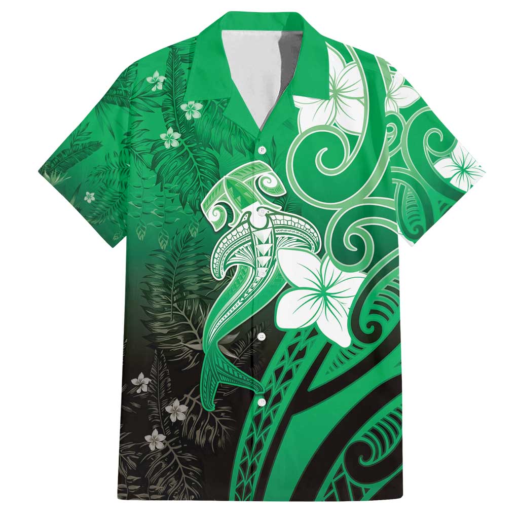 Polynesia Hammerhead Shark Family Matching Off Shoulder Maxi Dress and Hawaiian Shirt Green Tribal Pattern With Plumeria - Polynesian Pride