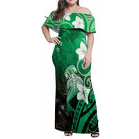 Polynesia Hammerhead Shark Family Matching Off Shoulder Maxi Dress and Hawaiian Shirt Green Tribal Pattern With Plumeria - Polynesian Pride