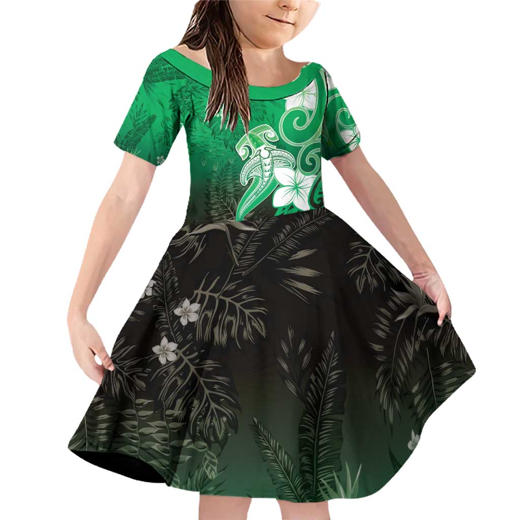 Polynesia Hammerhead Shark Family Matching Off Shoulder Short Dress and Hawaiian Shirt Green Tribal Pattern With Plumeria - Polynesian Pride
