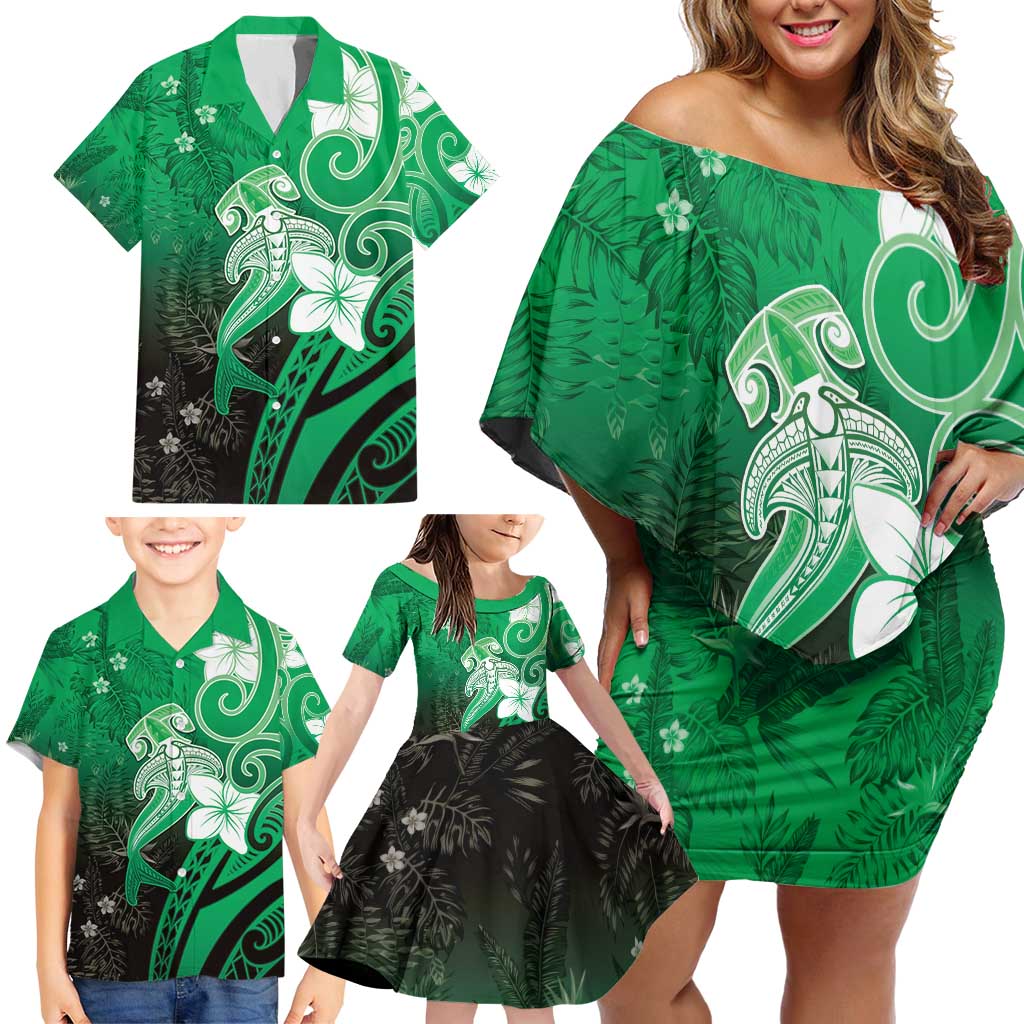 Polynesia Hammerhead Shark Family Matching Off Shoulder Short Dress and Hawaiian Shirt Green Tribal Pattern With Plumeria - Polynesian Pride