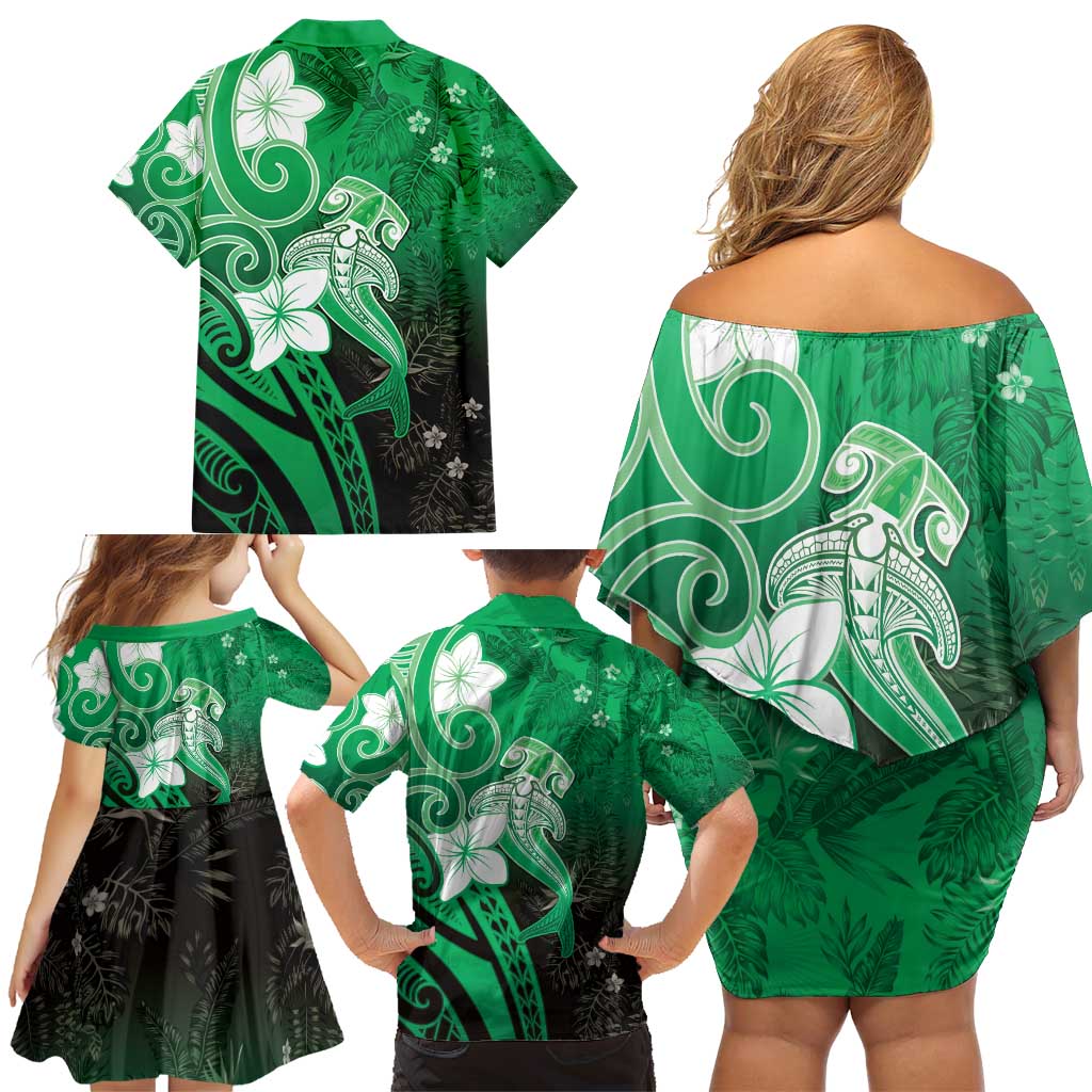 Polynesia Hammerhead Shark Family Matching Off Shoulder Short Dress and Hawaiian Shirt Green Tribal Pattern With Plumeria - Polynesian Pride