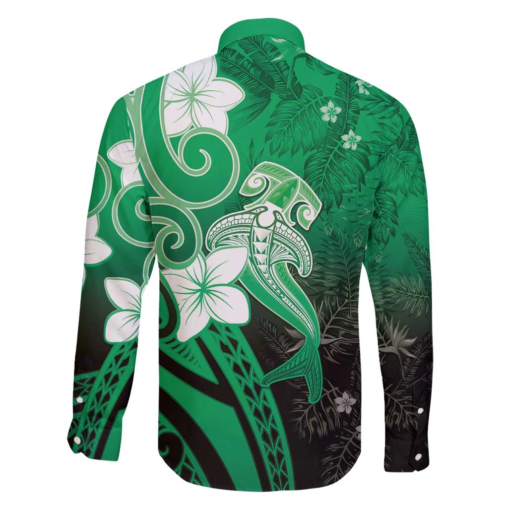 Polynesia Hammerhead Shark Family Matching Off Shoulder Short Dress and Hawaiian Shirt Green Tribal Pattern With Plumeria - Polynesian Pride