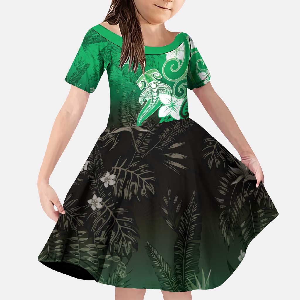 Polynesia Hammerhead Shark Family Matching Short Sleeve Bodycon Dress and Hawaiian Shirt Green Tribal Pattern With Plumeria - Polynesian Pride