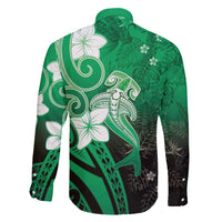 Polynesia Hammerhead Shark Family Matching Short Sleeve Bodycon Dress and Hawaiian Shirt Green Tribal Pattern With Plumeria - Polynesian Pride