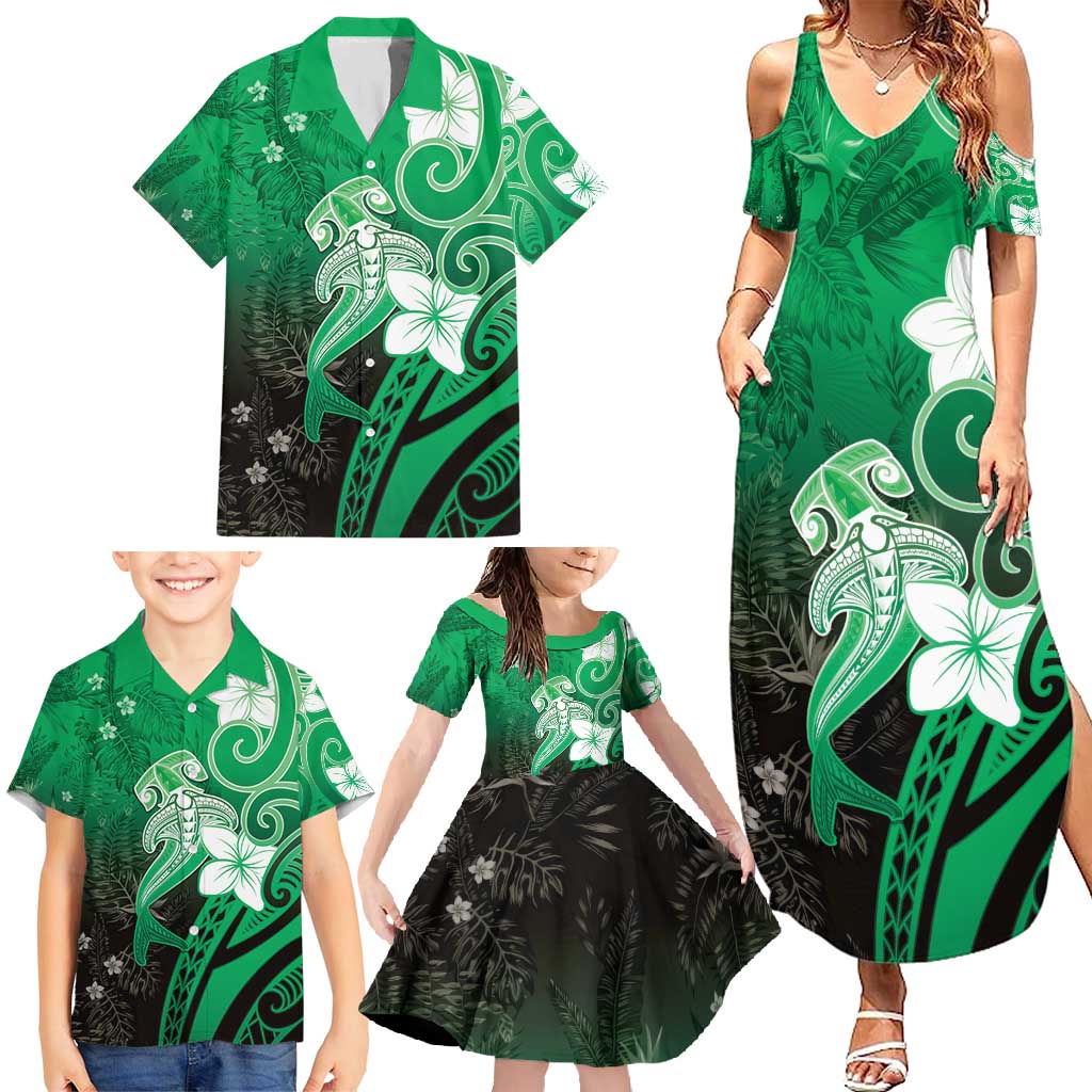 Polynesia Hammerhead Shark Family Matching Summer Maxi Dress and Hawaiian Shirt Green Tribal Pattern With Plumeria - Polynesian Pride