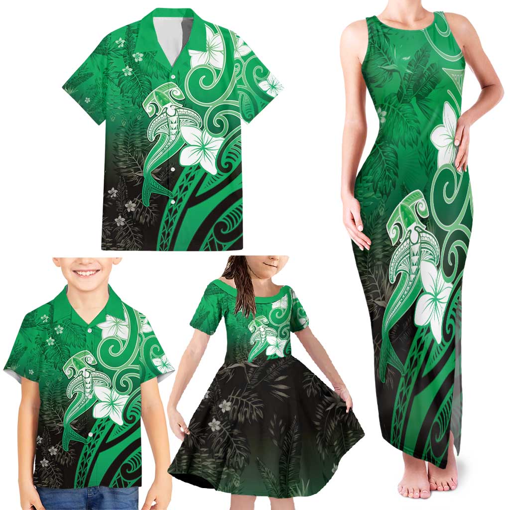 Polynesia Hammerhead Shark Family Matching Tank Maxi Dress and Hawaiian Shirt Green Tribal Pattern With Plumeria - Polynesian Pride