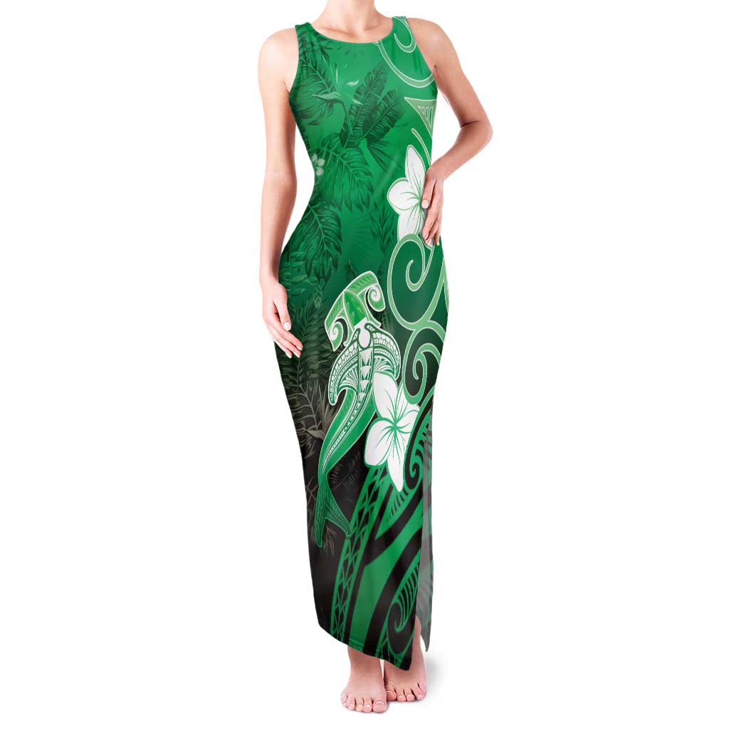 Polynesia Hammerhead Shark Family Matching Tank Maxi Dress and Hawaiian Shirt Green Tribal Pattern With Plumeria - Polynesian Pride