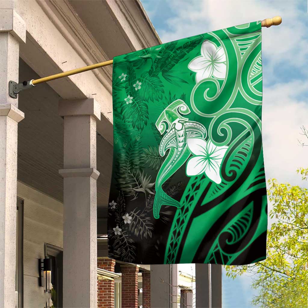 Polynesia Hammerhead Shark Garden Flag Green Tribal Pattern With Plumeria - Polynesian Pride