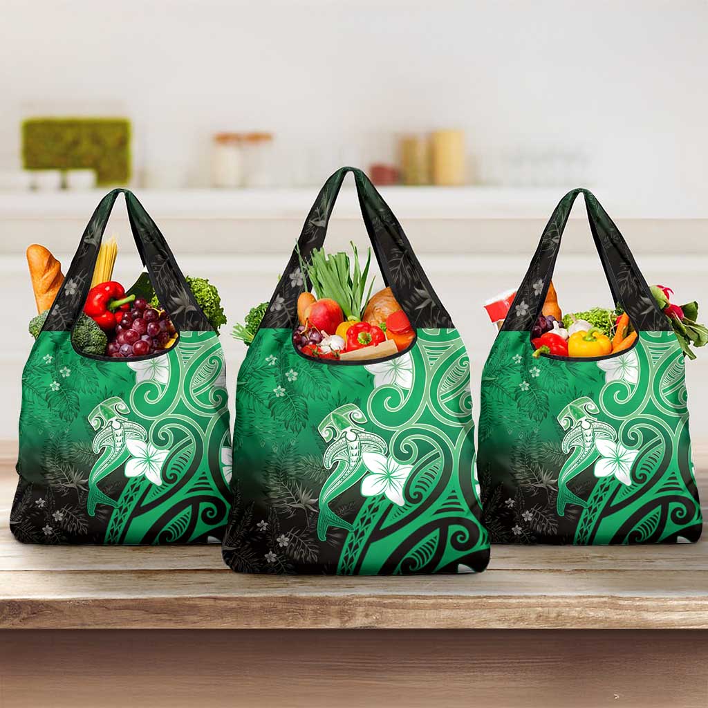 Polynesia Hammerhead Shark Grocery Bag Green Tribal Pattern With Plumeria - Polynesian Pride