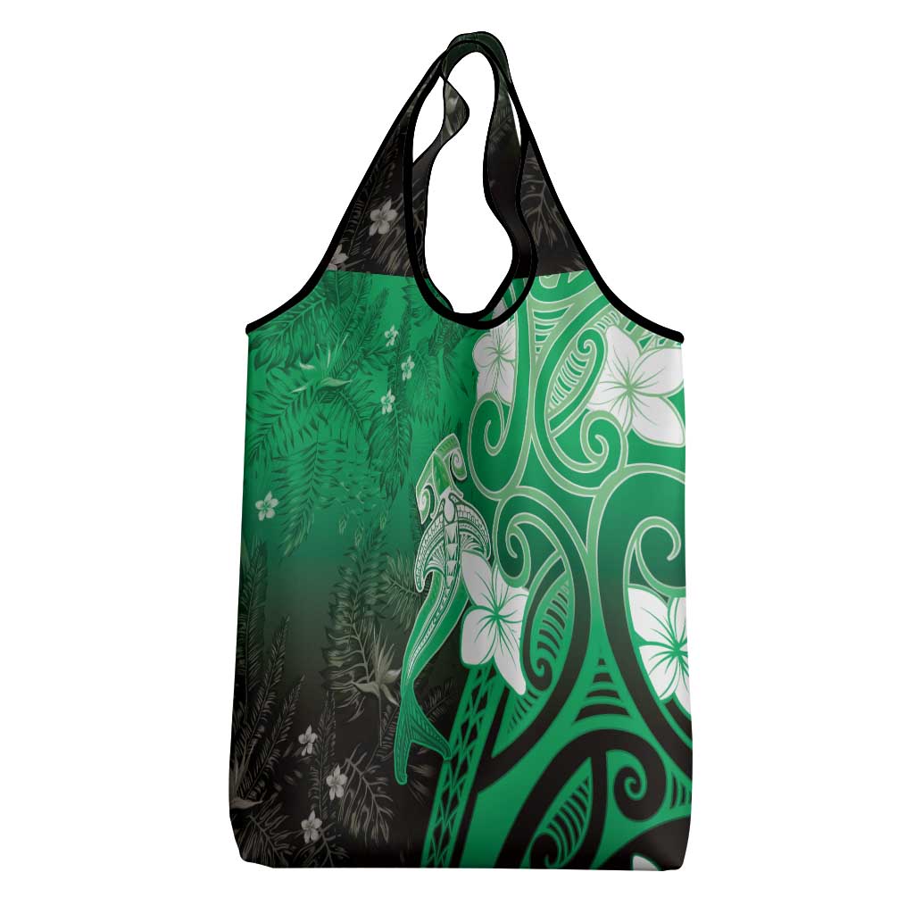 Polynesia Hammerhead Shark Grocery Bag Green Tribal Pattern With Plumeria - Polynesian Pride