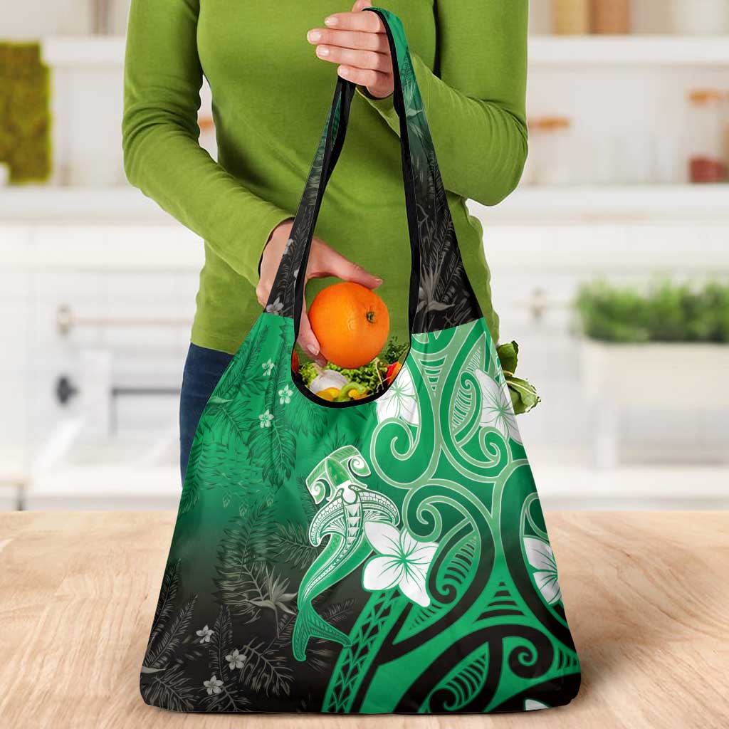 Polynesia Hammerhead Shark Grocery Bag Green Tribal Pattern With Plumeria - Polynesian Pride