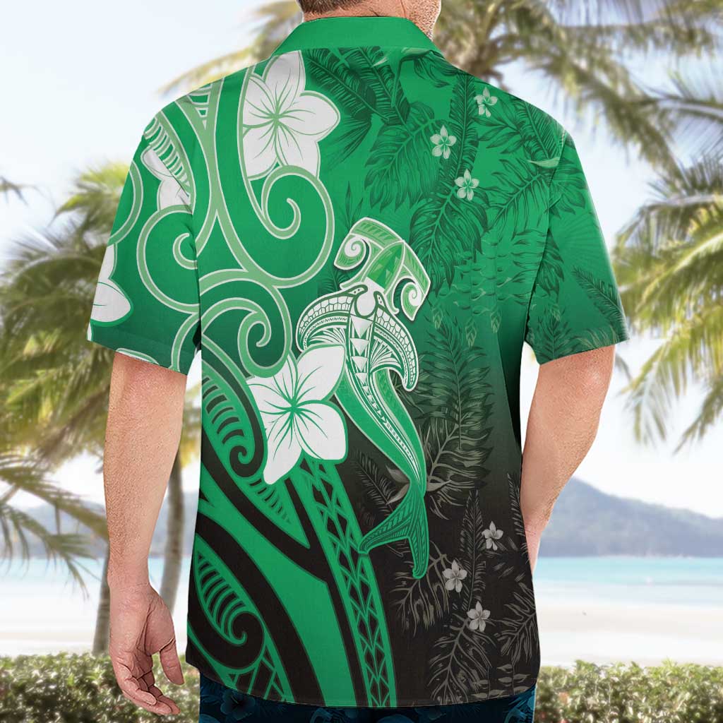 Polynesia Hammerhead Shark Hawaiian Shirt Green Tribal Pattern With Plumeria - Polynesian Pride