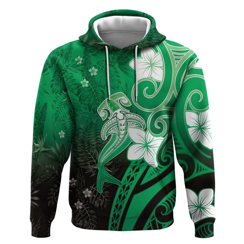 Polynesia Hammerhead Shark Hoodie Green Tribal Pattern With Plumeria LT05 Pullover Hoodie Green - Polynesian Pride