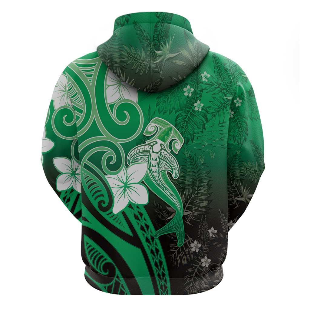 Polynesia Hammerhead Shark Hoodie Green Tribal Pattern With Plumeria LT05 - Polynesian Pride