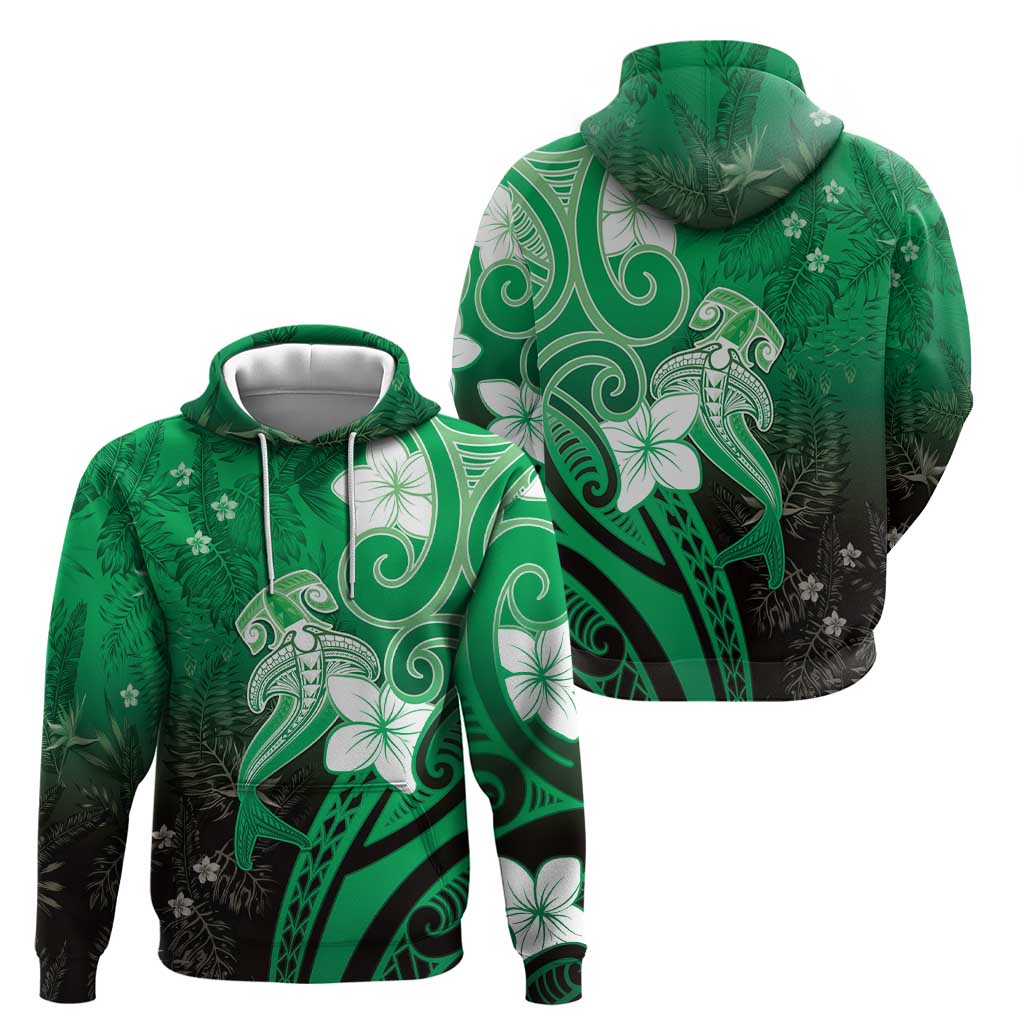 Polynesia Hammerhead Shark Hoodie Green Tribal Pattern With Plumeria LT05 - Polynesian Pride