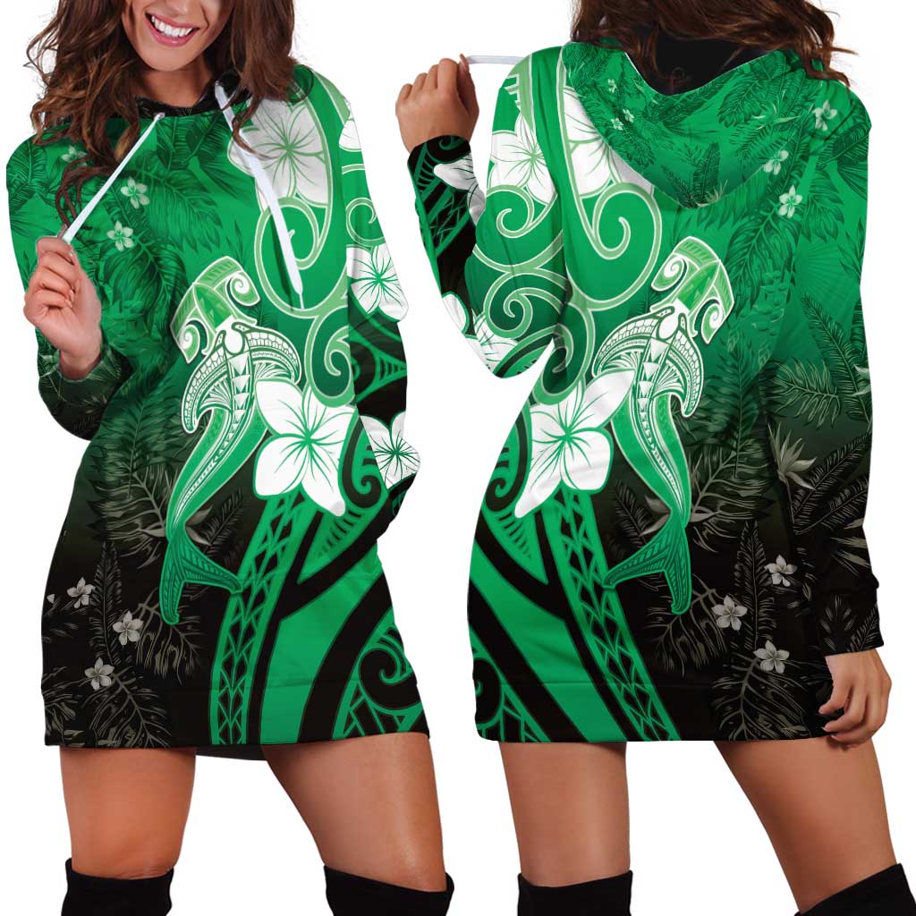 Polynesia Hammerhead Shark Hoodie Dress Green Tribal Pattern With Plumeria LT05 - Polynesian Pride