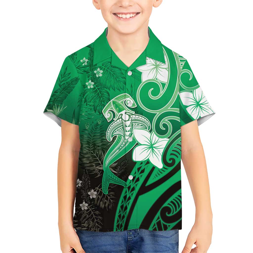 Polynesia Hammerhead Shark Kid Hawaiian Shirt Green Tribal Pattern With Plumeria LT05 Kid Green - Polynesian Pride