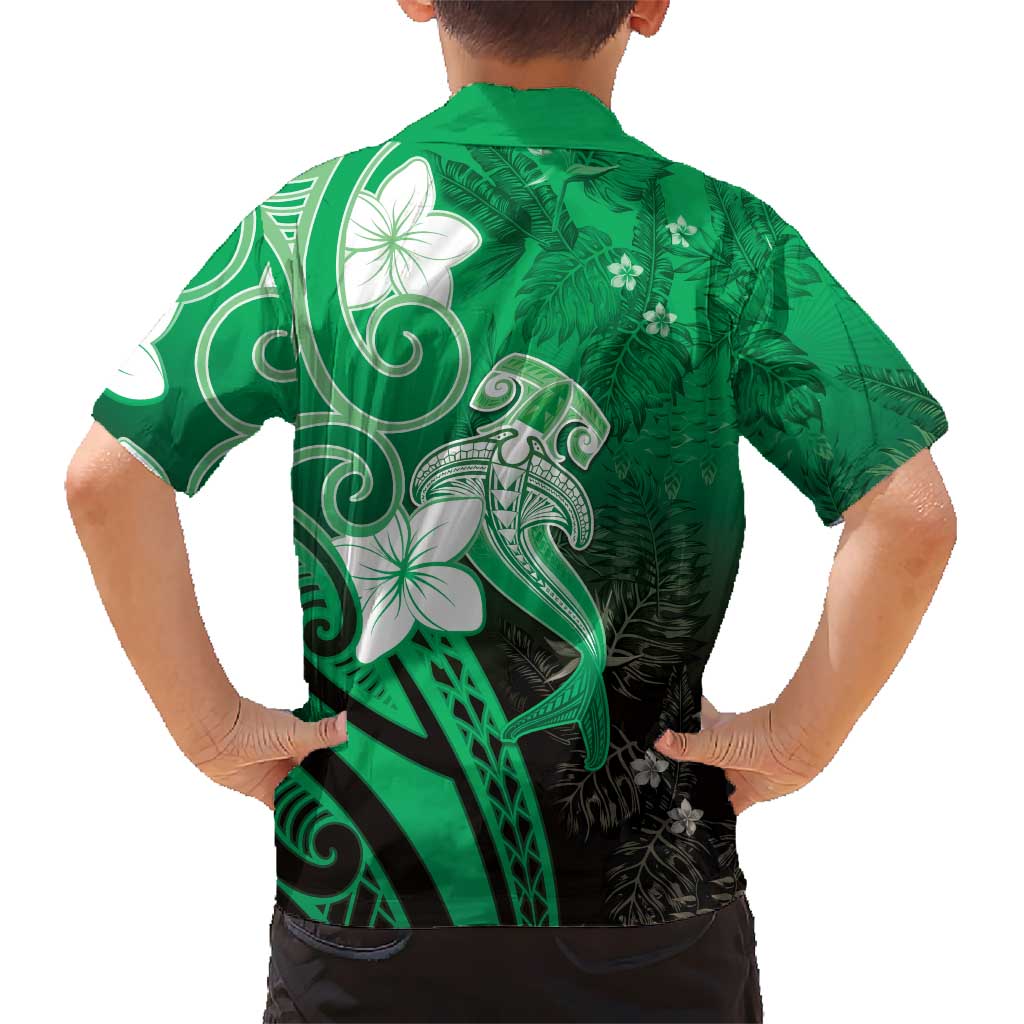 Polynesia Hammerhead Shark Kid Hawaiian Shirt Green Tribal Pattern With Plumeria LT05 - Polynesian Pride