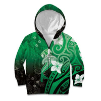 Polynesia Hammerhead Shark Kid Hoodie Green Tribal Pattern With Plumeria - Polynesian Pride