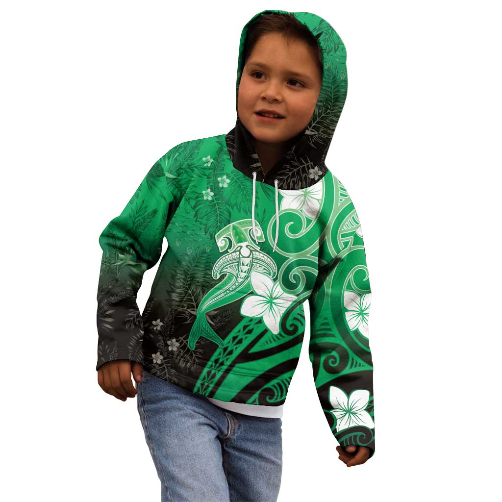 Polynesia Hammerhead Shark Kid Hoodie Green Tribal Pattern With Plumeria - Polynesian Pride