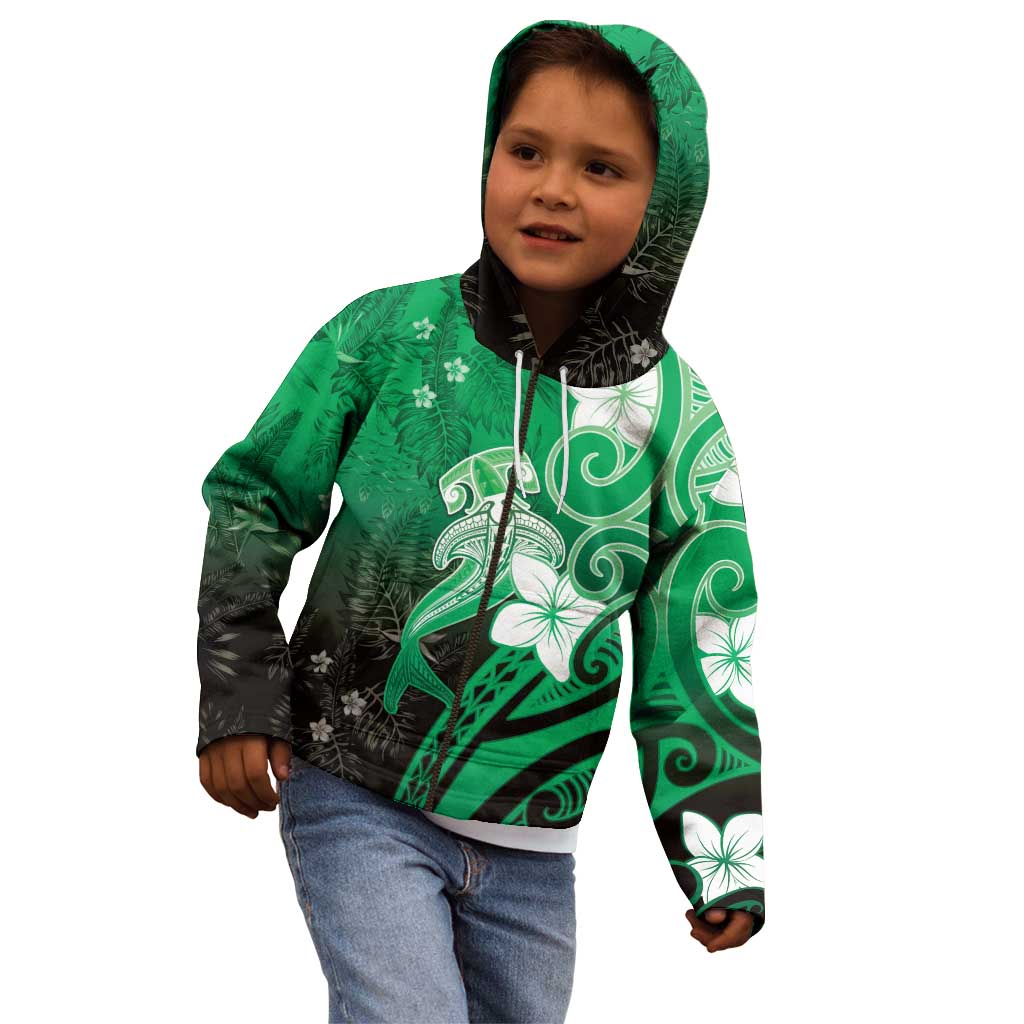 Polynesia Hammerhead Shark Kid Hoodie Green Tribal Pattern With Plumeria - Polynesian Pride
