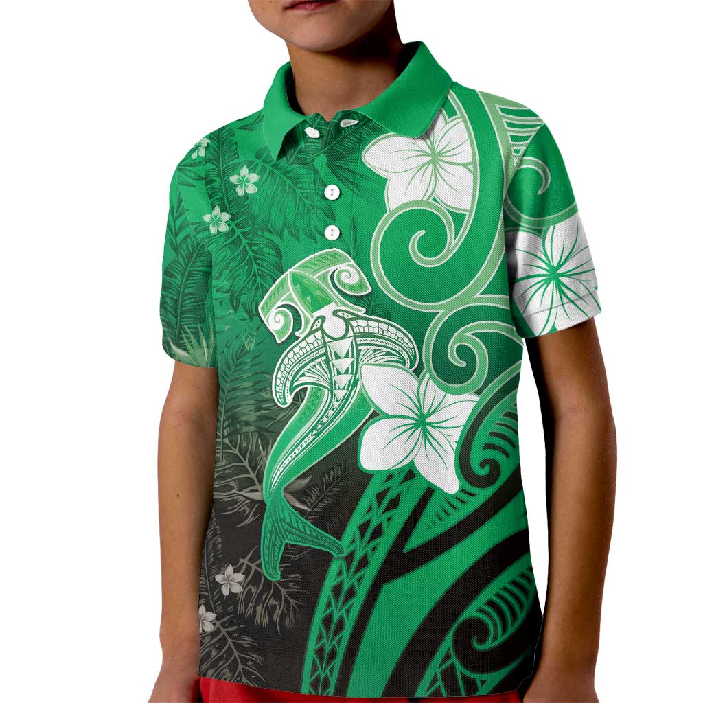 Polynesia Hammerhead Shark Kid Polo Shirt Green Tribal Pattern With Plumeria LT05 Kid Green - Polynesian Pride