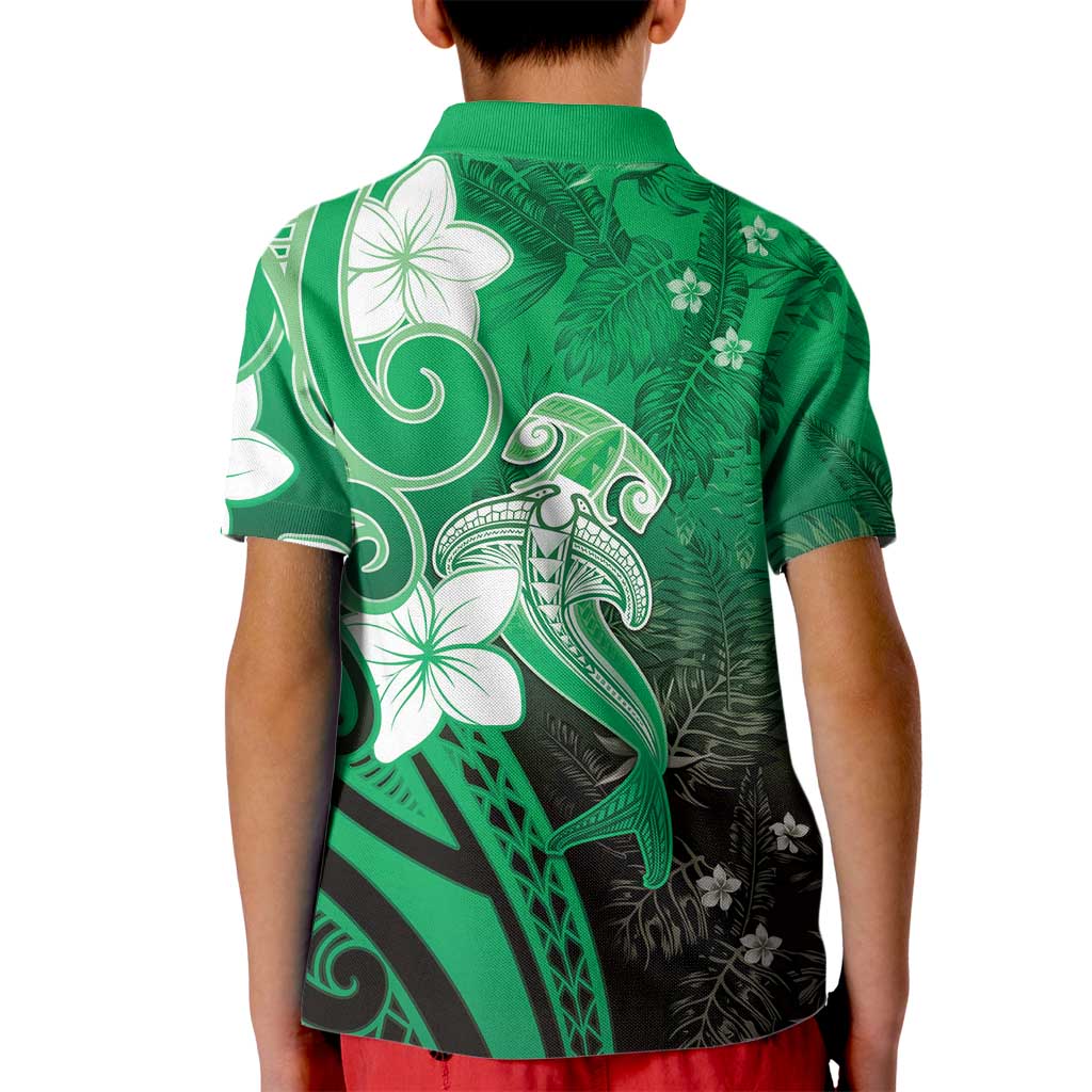 Polynesia Hammerhead Shark Kid Polo Shirt Green Tribal Pattern With Plumeria LT05 - Polynesian Pride