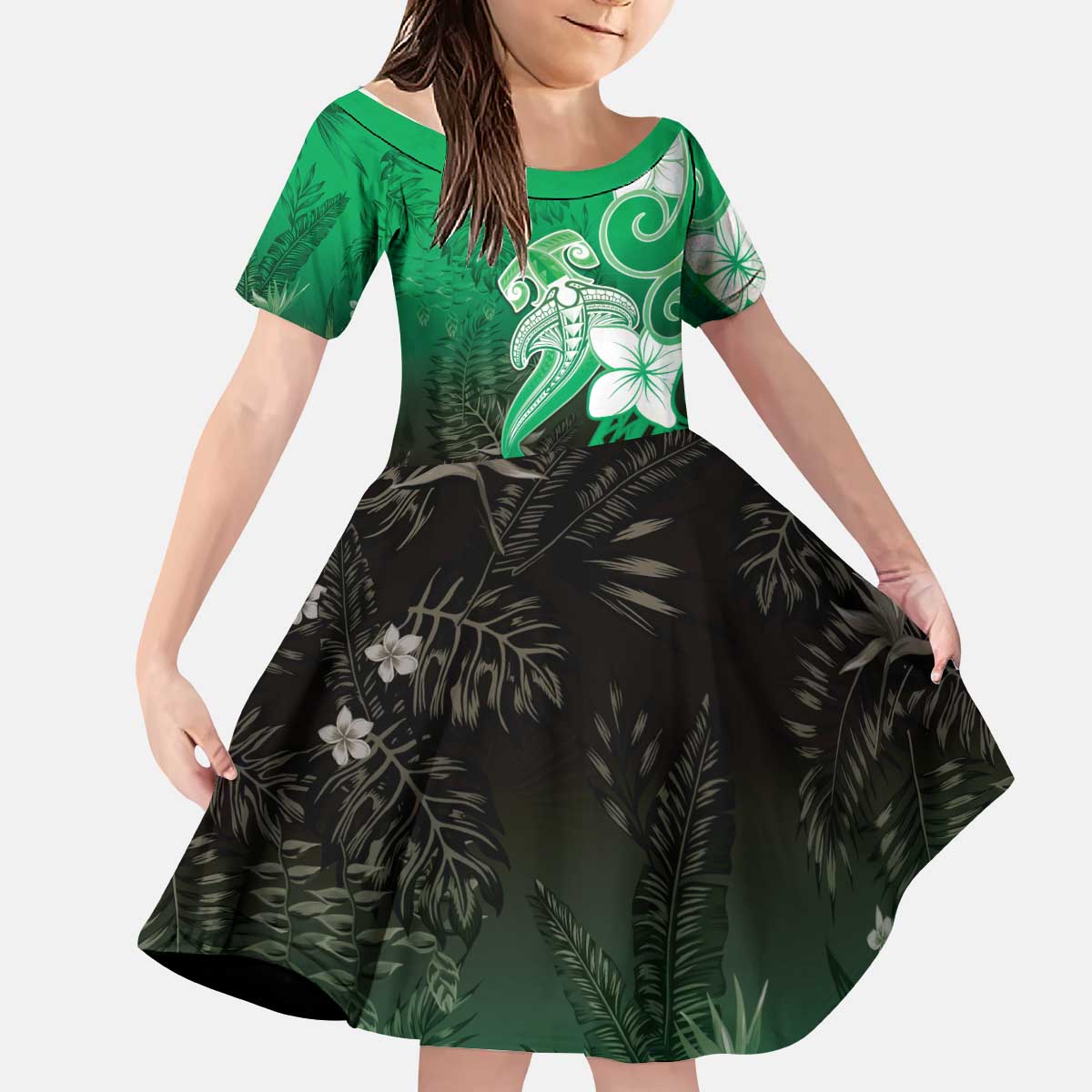 Polynesia Hammerhead Shark Kid Short Sleeve Dress Green Tribal Pattern With Plumeria LT05 KID Green - Polynesian Pride