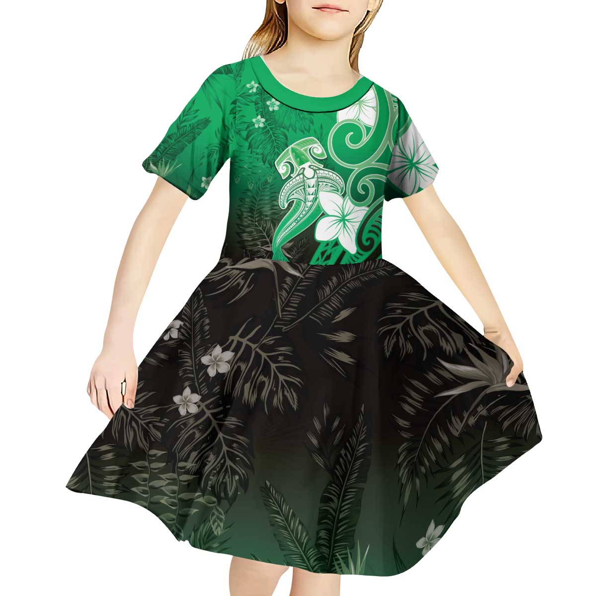 Polynesia Hammerhead Shark Kid Short Sleeve Dress Green Tribal Pattern With Plumeria LT05 - Polynesian Pride
