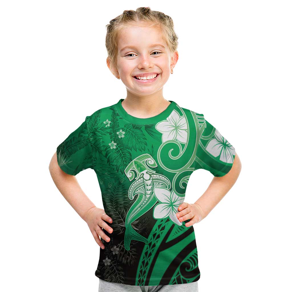 Polynesia Hammerhead Shark Kid T Shirt Green Tribal Pattern With Plumeria LT05 Green - Polynesian Pride