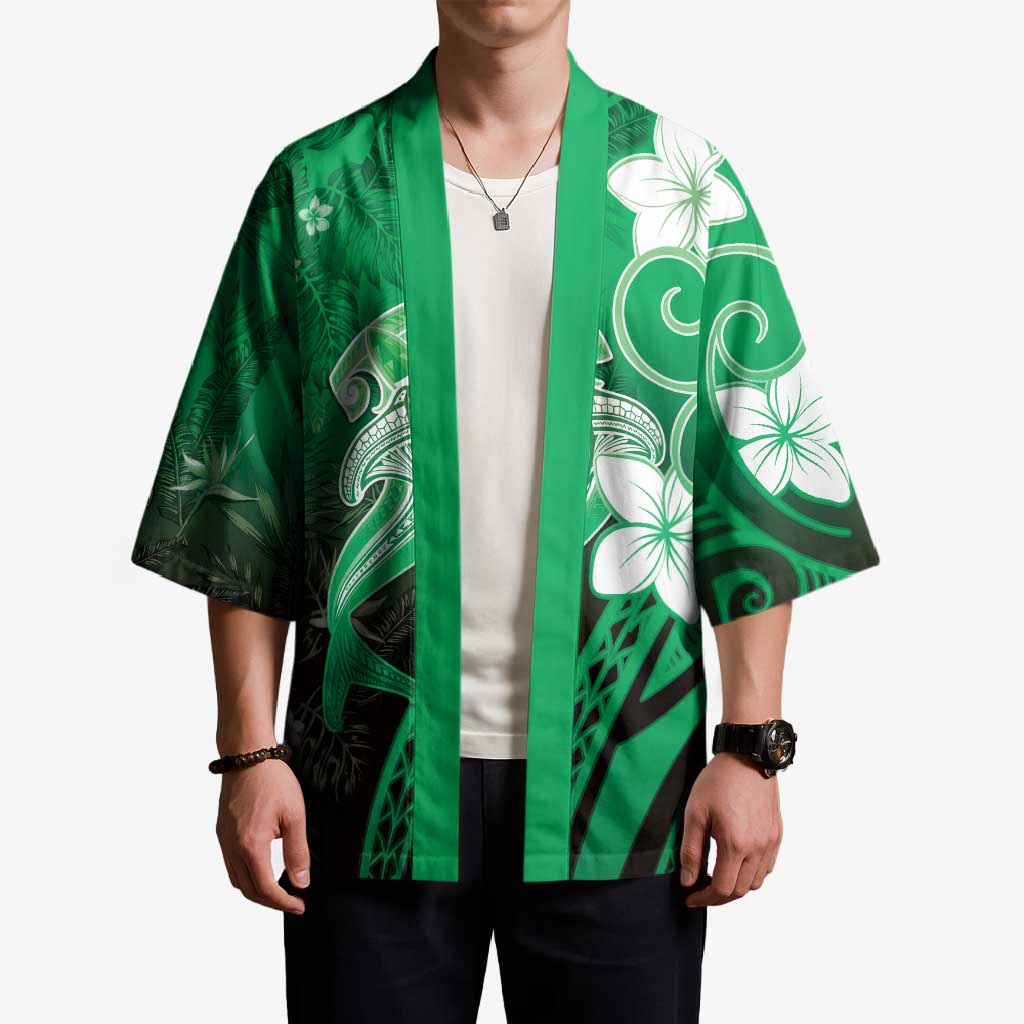 Polynesia Hammerhead Shark Kimono Green Tribal Pattern With Plumeria LT05 - Polynesian Pride