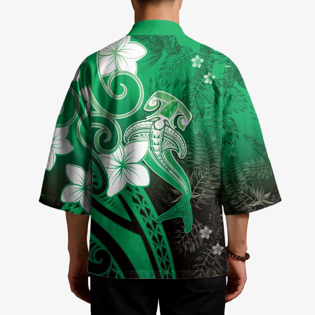 Polynesia Hammerhead Shark Kimono Green Tribal Pattern With Plumeria LT05 - Polynesian Pride