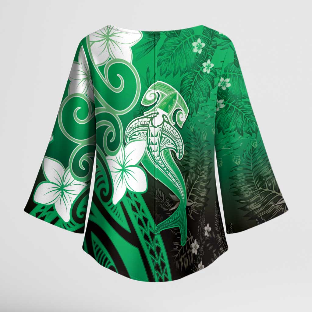 Polynesia Hammerhead Shark Kimono Sleeve Blouse Green Tribal Pattern With Plumeria LT05 - Polynesian Pride