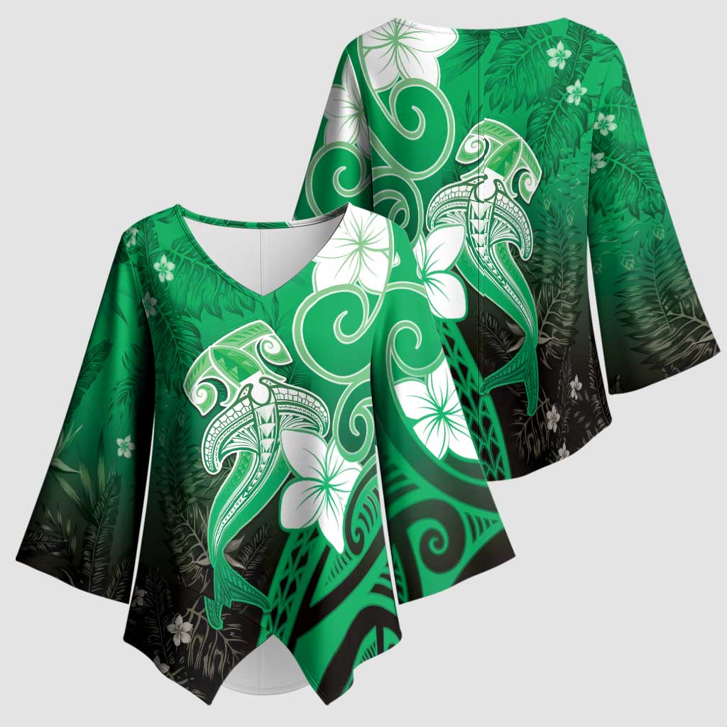 Polynesia Hammerhead Shark Kimono Sleeve Blouse Green Tribal Pattern With Plumeria LT05 - Polynesian Pride