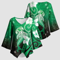 Polynesia Hammerhead Shark Kimono Sleeve Blouse Green Tribal Pattern With Plumeria LT05 - Polynesian Pride