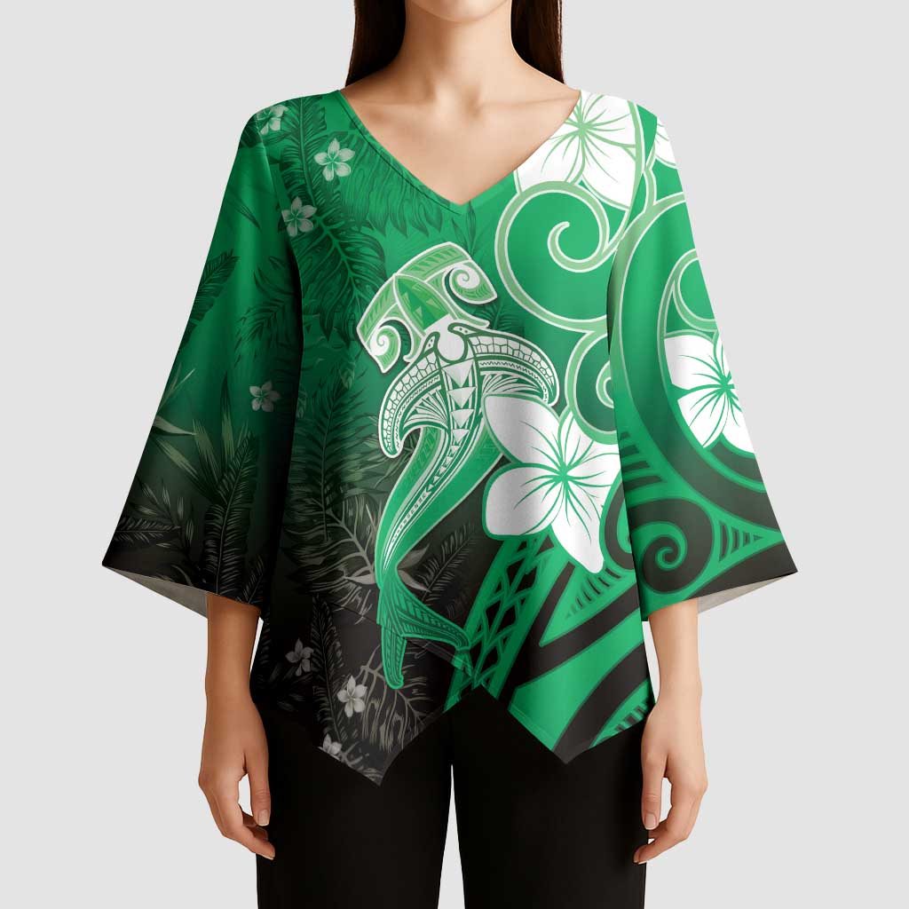 Polynesia Hammerhead Shark Kimono Sleeve Blouse Green Tribal Pattern With Plumeria LT05 - Polynesian Pride