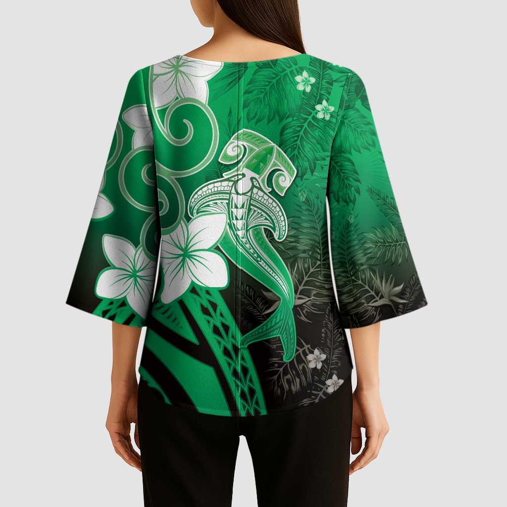 Polynesia Hammerhead Shark Kimono Sleeve Blouse Green Tribal Pattern With Plumeria LT05 - Polynesian Pride