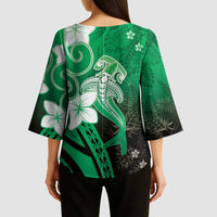 Polynesia Hammerhead Shark Kimono Sleeve Blouse Green Tribal Pattern With Plumeria LT05 - Polynesian Pride